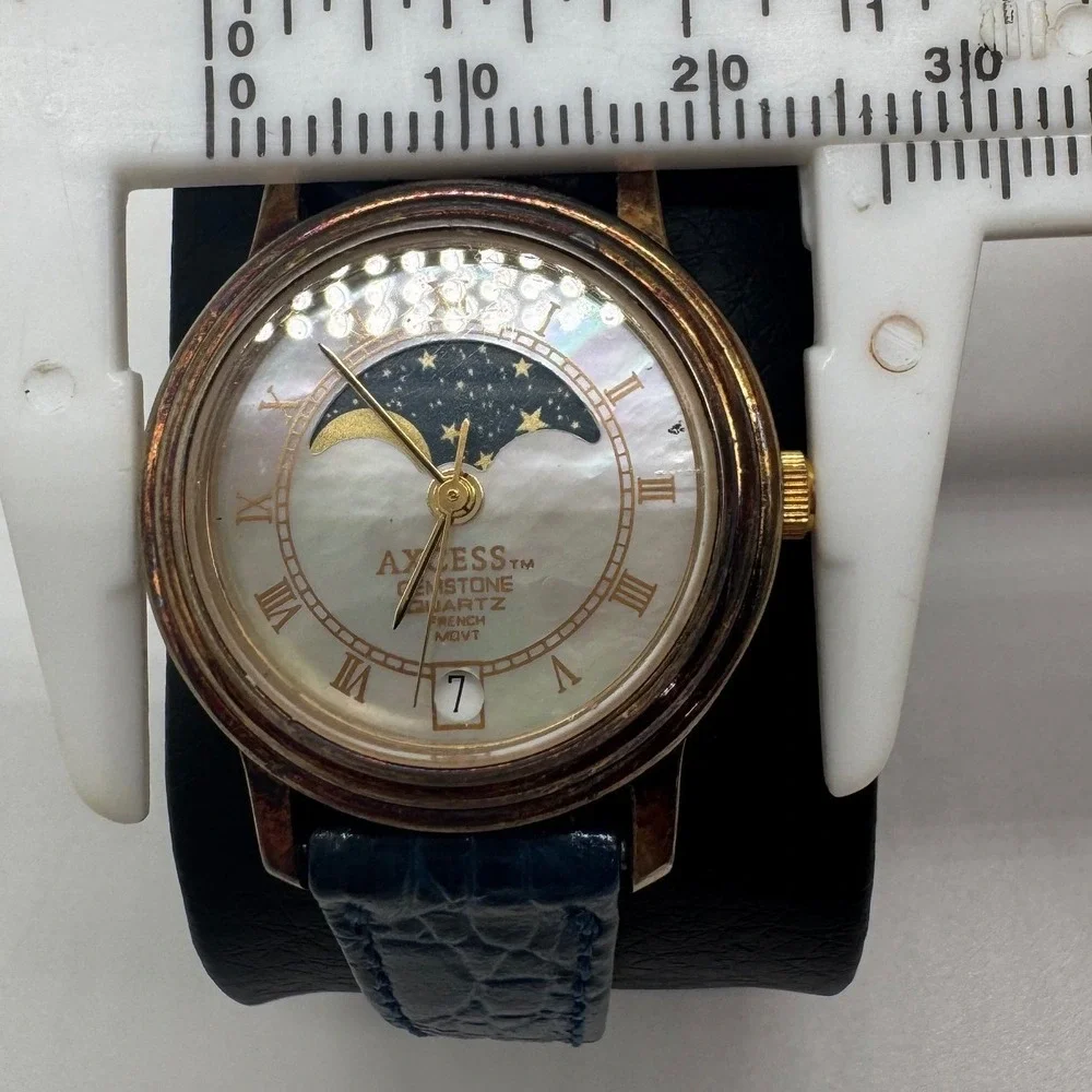Axcess Gemstone Moon Phase Watch Blue Leather Strap Mother of Pearl parts